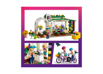 LEGO Friends Creative Flower Shop 42693 building set with colorful flowers, minifigures, and delivery bike