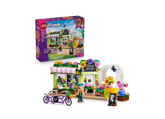LEGO Friends Creative Flower Shop 42693 building set with colorful flowers, shop storefront, minifigures, and purple ...