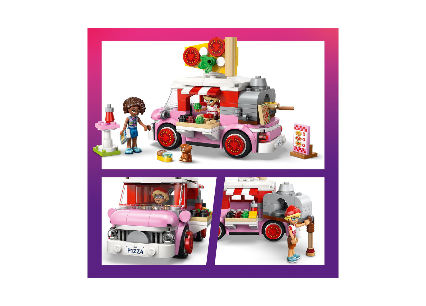 LEGO Friends Pizza Truck 42694 building set with pink food truck, minifigures, and accessories