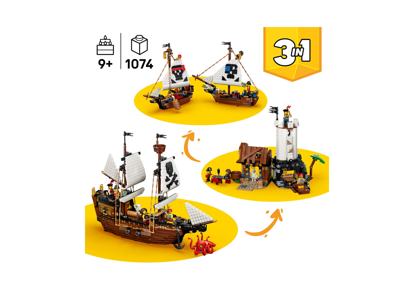 LEGO Creator 3 in 1 Pirate Ship 31387 building set with three buildable models including pirate ship, fort, and boats