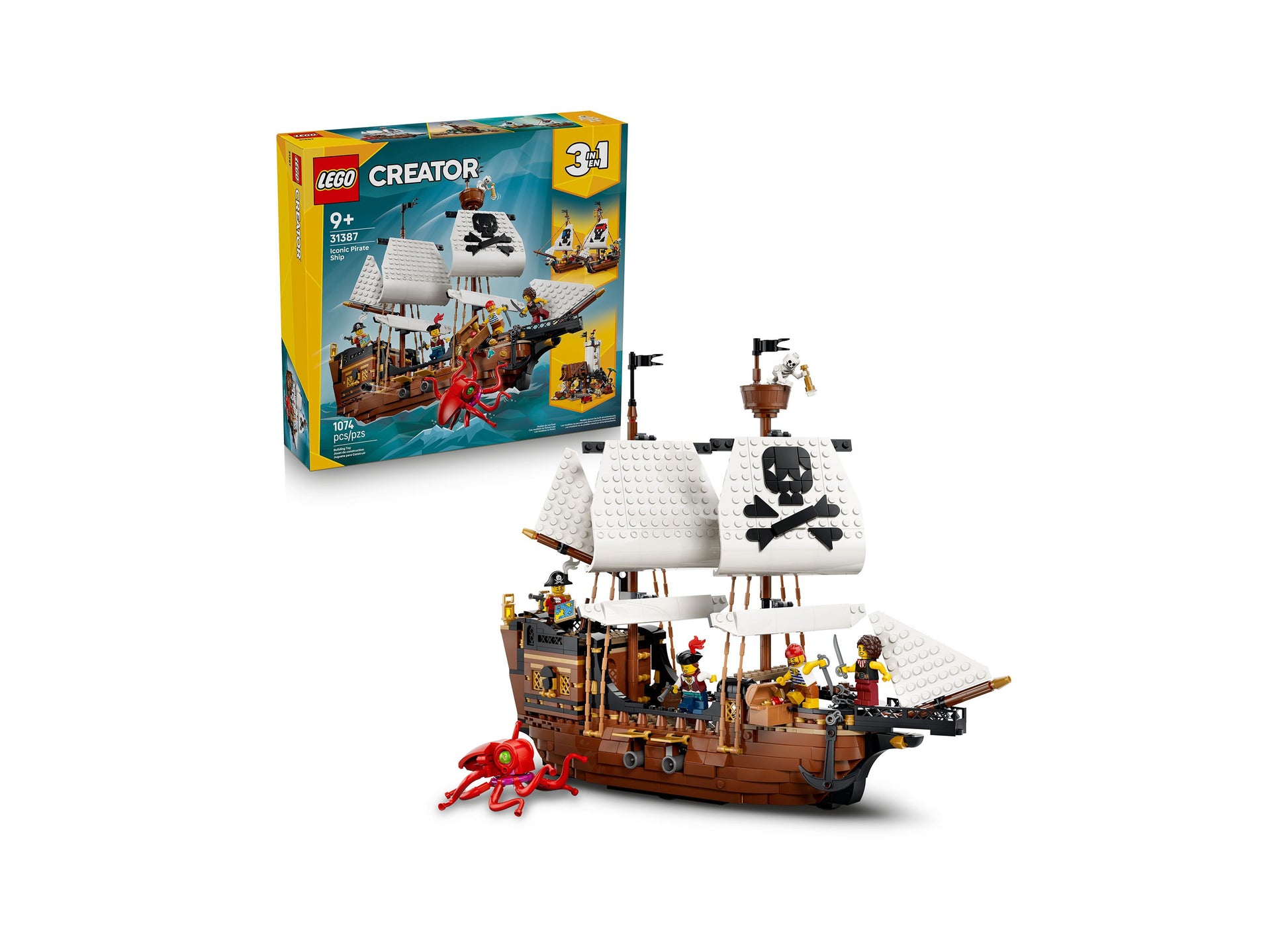 LEGO Creator 3 in 1 Pirate Ship 31387 with white sails, brown hull, minifigures, and red octopus