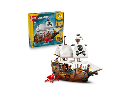 LEGO Creator 3 in 1 Pirate Ship 31387 with white sails, brown hull, minifigures, and red octopus