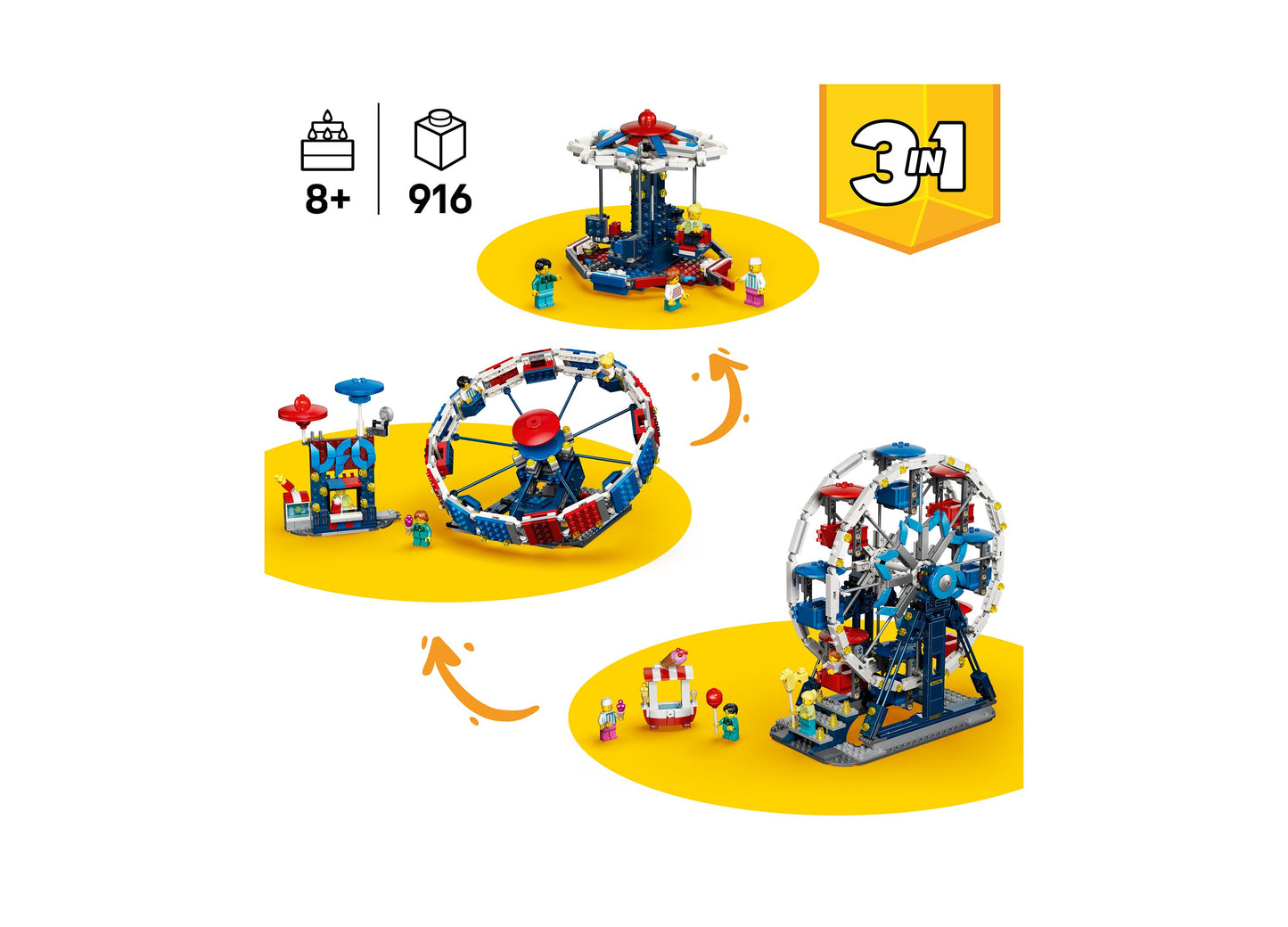 LEGO Creator Iconic Ferris Wheel 31389 3-in-1 building set with 916 pieces featuring colorful carnival rides