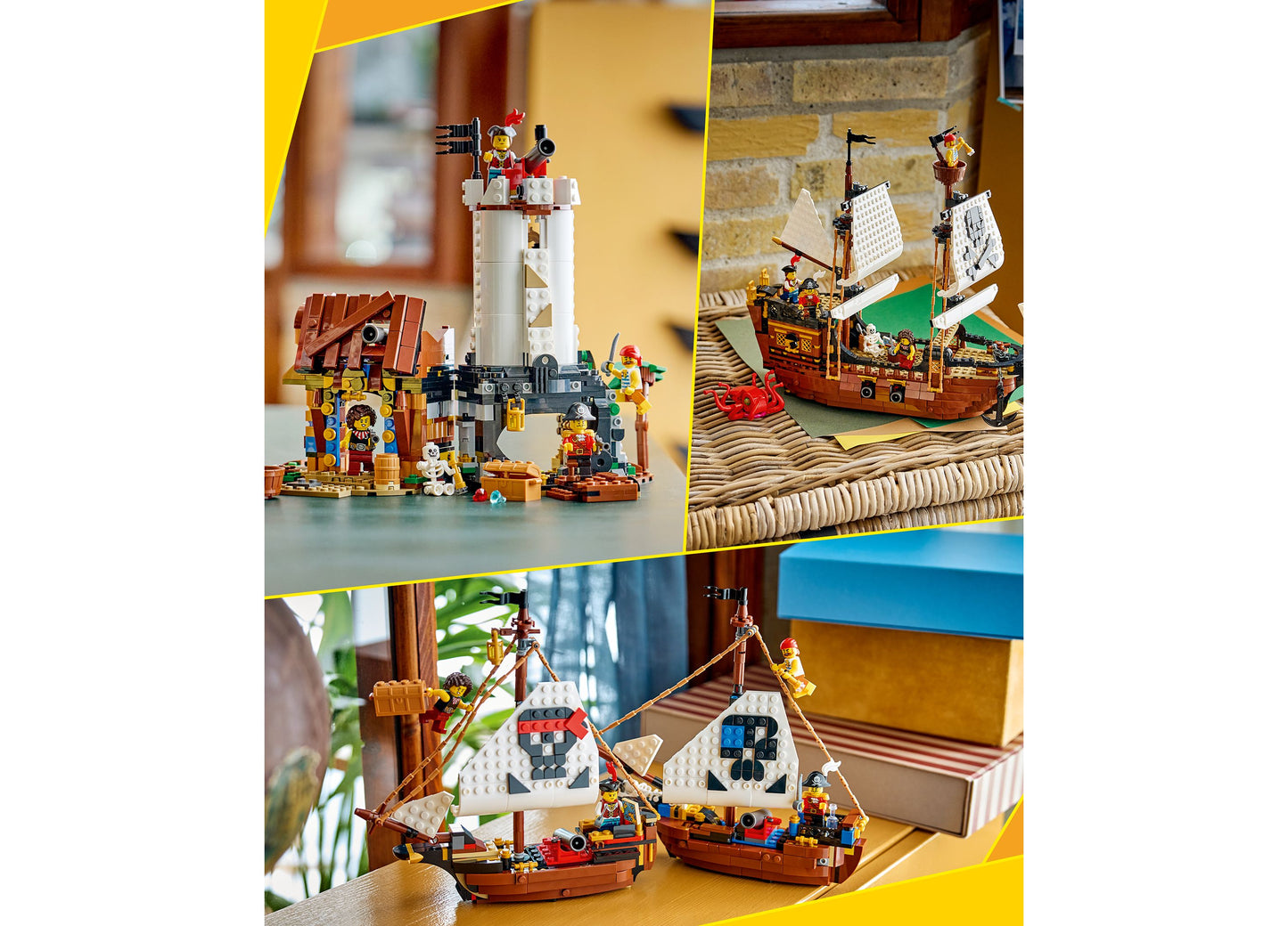 LEGO Creator 3 in 1 Pirate Ship 31387 building set with brown wooden ships, white sails, and minifigures