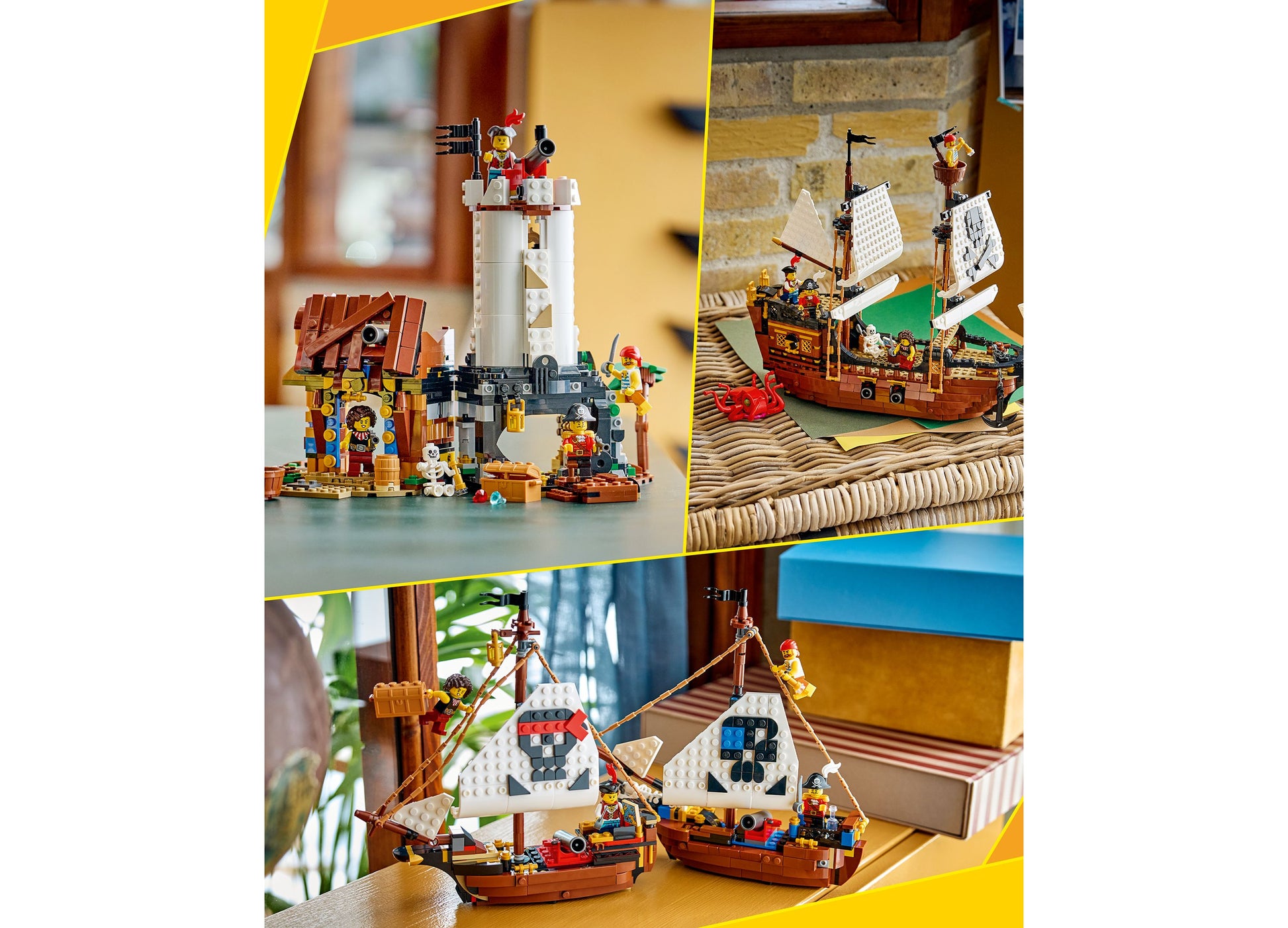 LEGO Creator 3 in 1 Pirate Ship 31387 building set with brown wooden ships, white sails, and minifigures