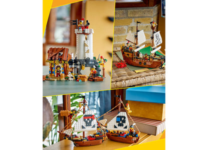 LEGO Creator 3 in 1 Pirate Ship 31387 building set with brown wooden ships, white sails, and minifigures