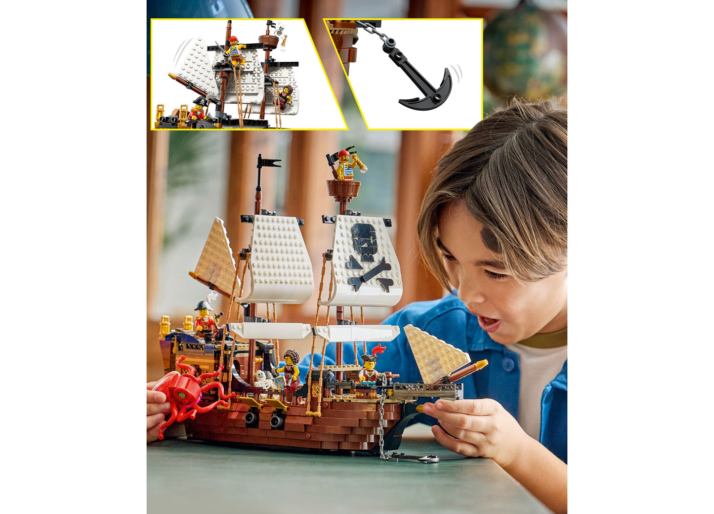LEGO Creator 3 in 1 Iconic Pirate Ship 31387 building set with child playing, featuring brown wooden ship with white ...