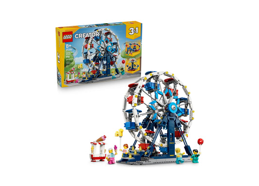 LEGO Creator Iconic Ferris Wheel 31389 building set with 916 pieces, featuring blue, red, and white colors