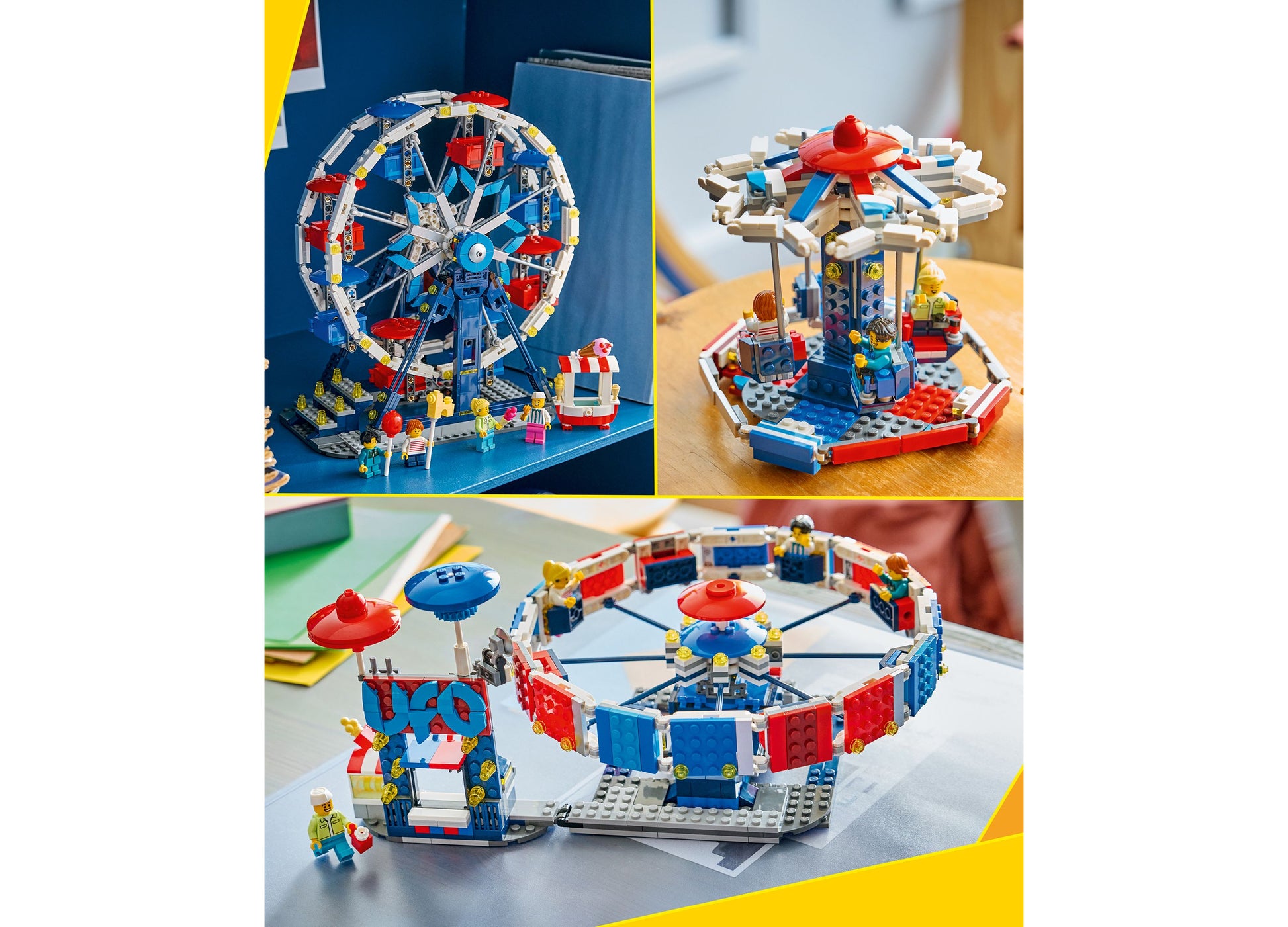 LEGO Creator Iconic Ferris Wheel 31389 building set with red, blue and white pieces shown from multiple angles