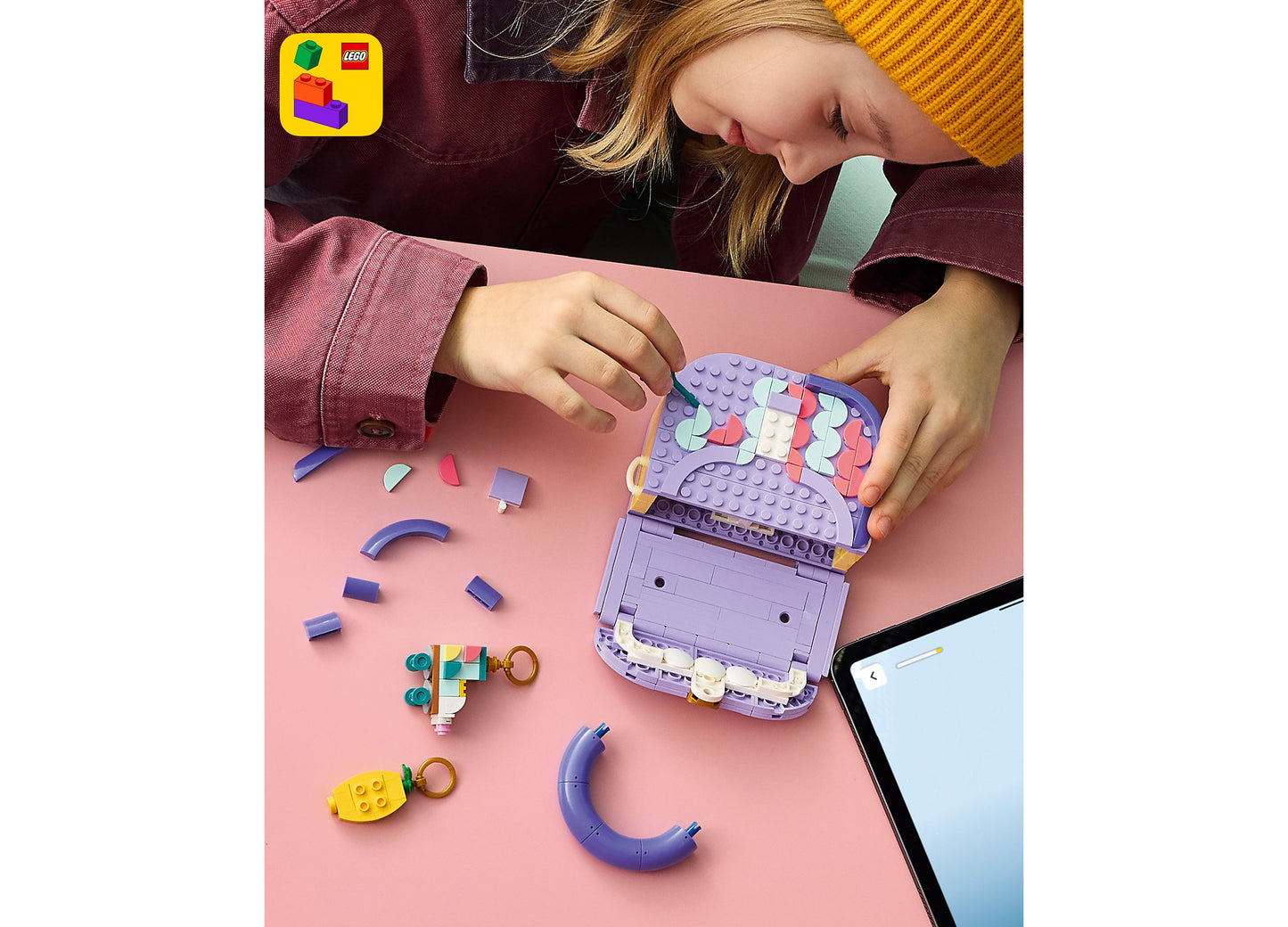 LEGO 3 in 1 Art Fashion Bag purple buildable storage set with colorful pieces
