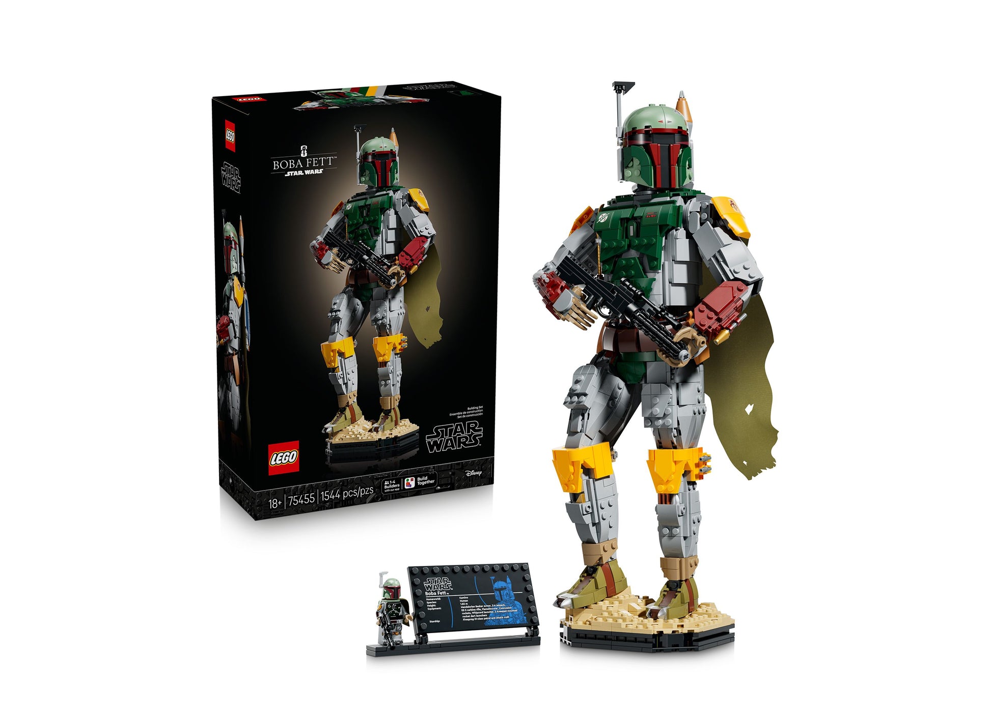 LEGO Star Wars Boba Fett 75455 buildable figure with green, red, yellow armor and display stand