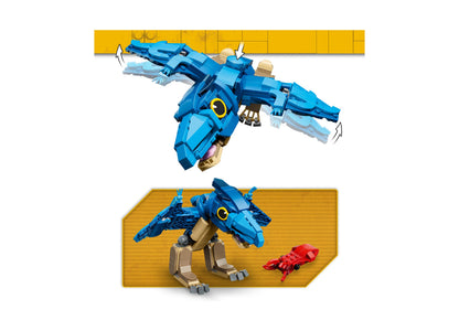 LEGO Jurassic World Pteranodon 77977 blue dinosaur building set with tan legs and red minifigure