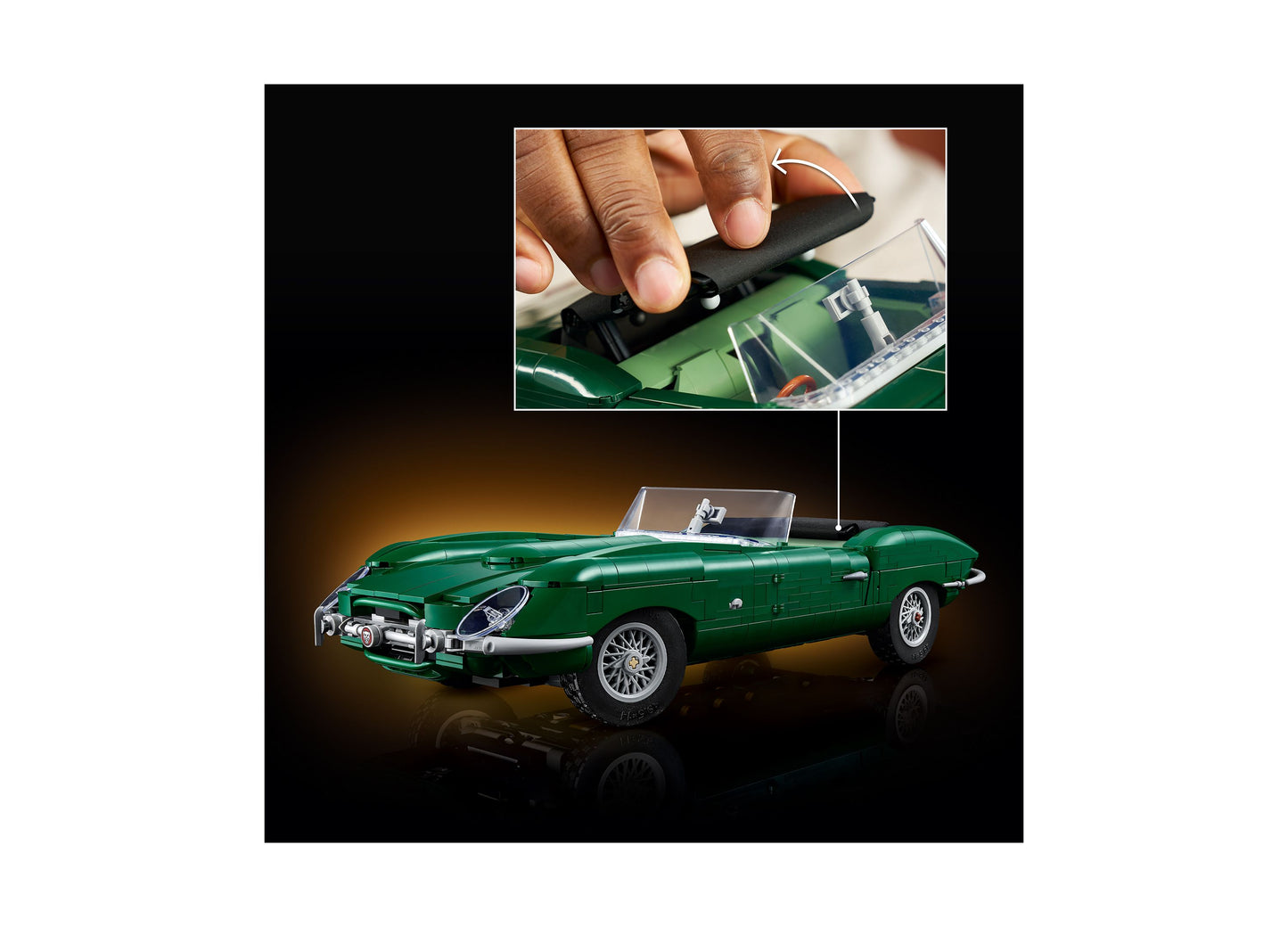 LEGO Icons Jaguar E-Type 11381 green sports car model with antenna detail