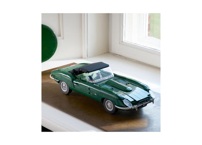 LEGO Icons Jaguar E-Type 11381 green convertible sports car model with detailed interior