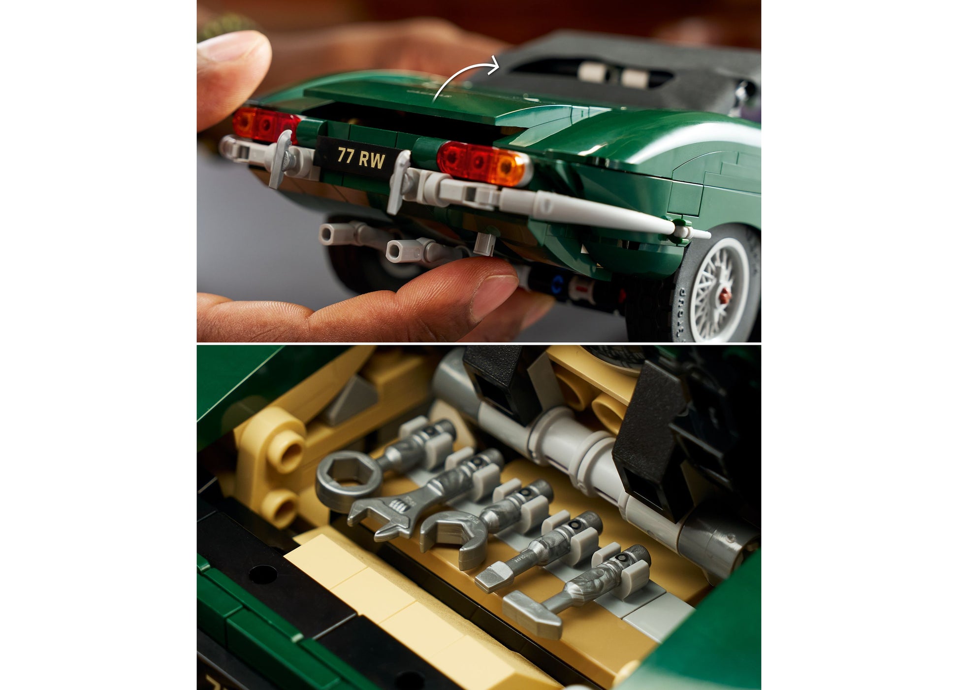 LEGO Icons Jaguar E-Type 11381 green sports car model with detailed engine and accessories