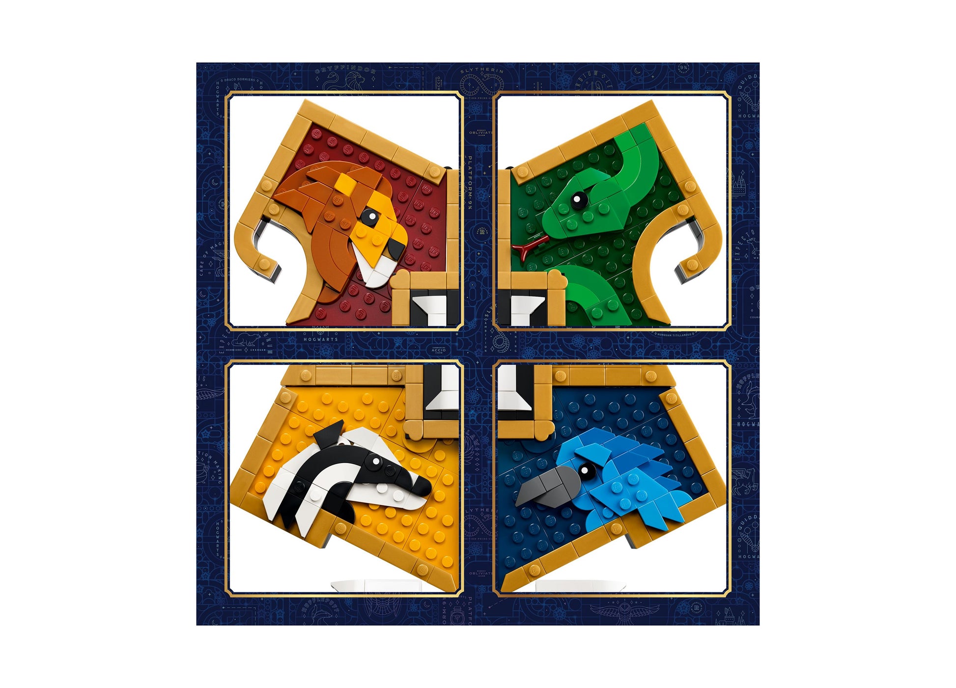 LEGO Harry Potter Hogwarts House Crest 76462 set showing four house crests in red, green, yellow, and blue