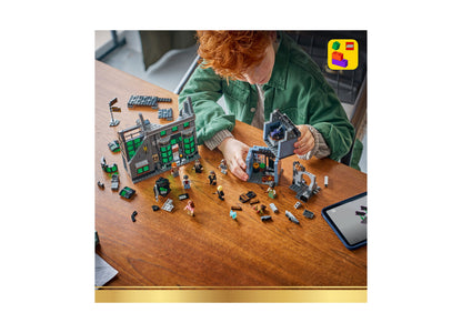 Child playing with LEGO Harry Potter Knockturn Alley Wizarding Shops set featuring detailed building with minifigures