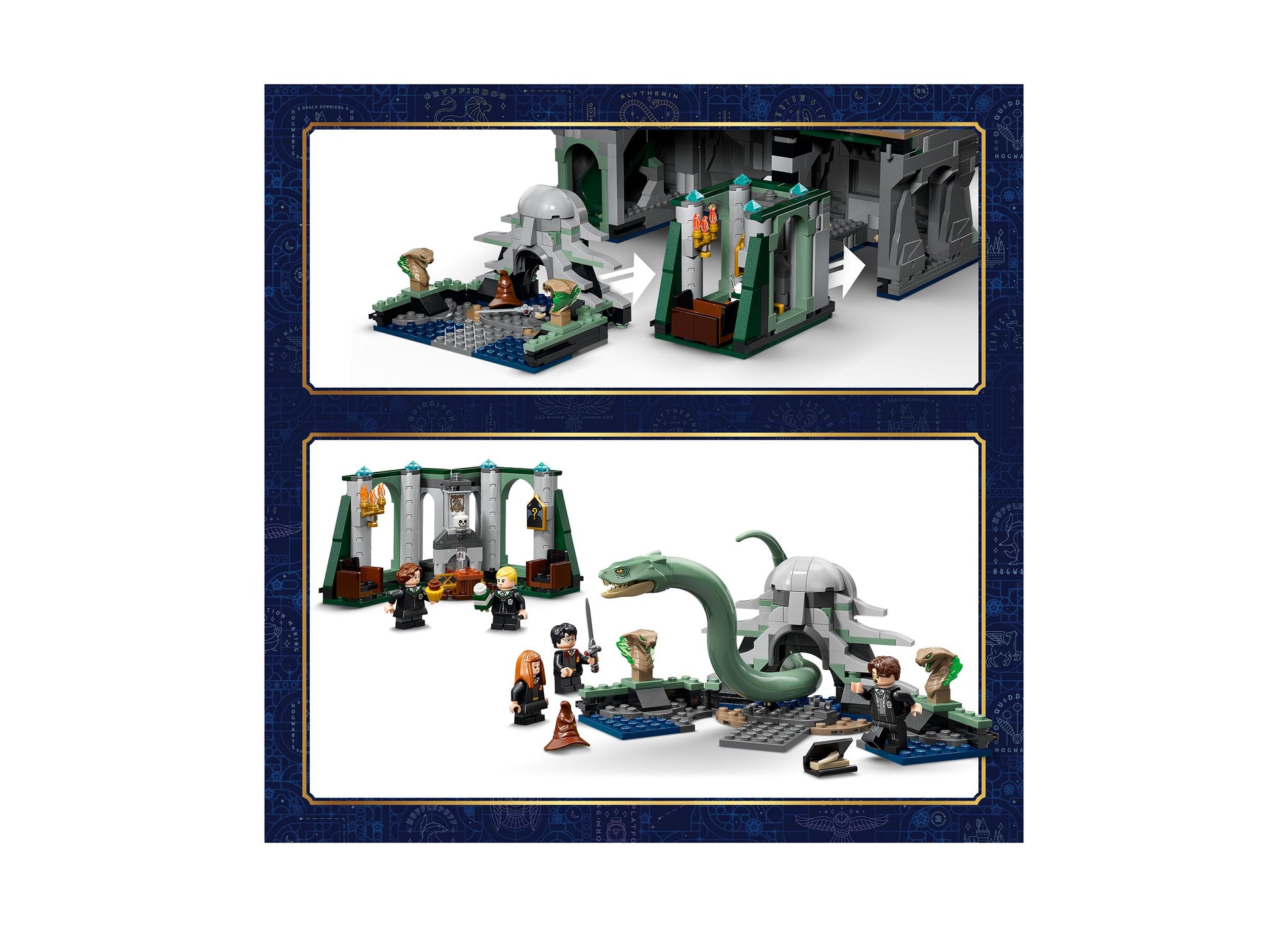 LEGO Harry Potter Hogwarts Castle East Wing 76473 building set with green castle towers, minifigures, and basilisk cr...