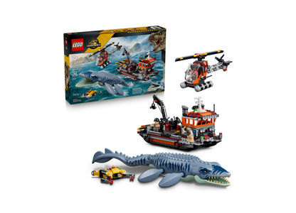 LEGO Jurassic World Mosasaurus Dinosaur Boat Attack 77983 set with orange rescue boat, red helicopter, yellow submari...