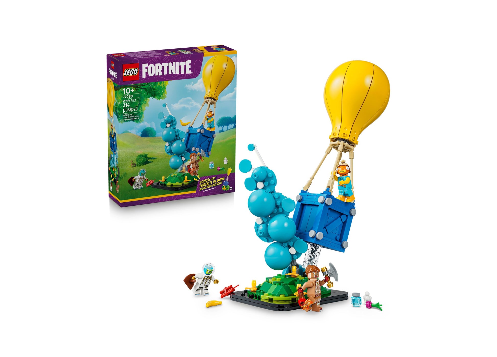 LEGO Fortnite Supply Drop 77080 building set with yellow balloon, blue cube, and minifigures