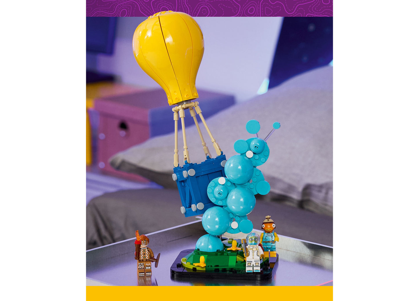 LEGO Fortnite Supply Drop 77080 building set with yellow balloon, blue character, and minifigures