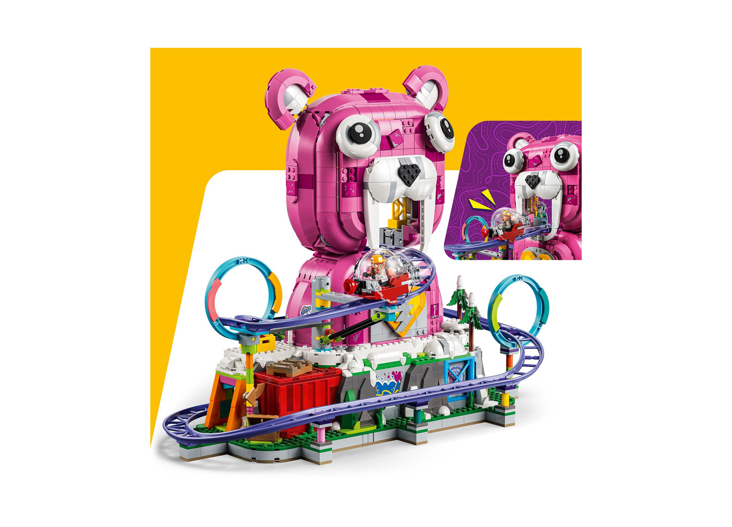 LEGO Fortnite Rave Cave 77082 pink bear-shaped playset with roller coaster track and colorful base