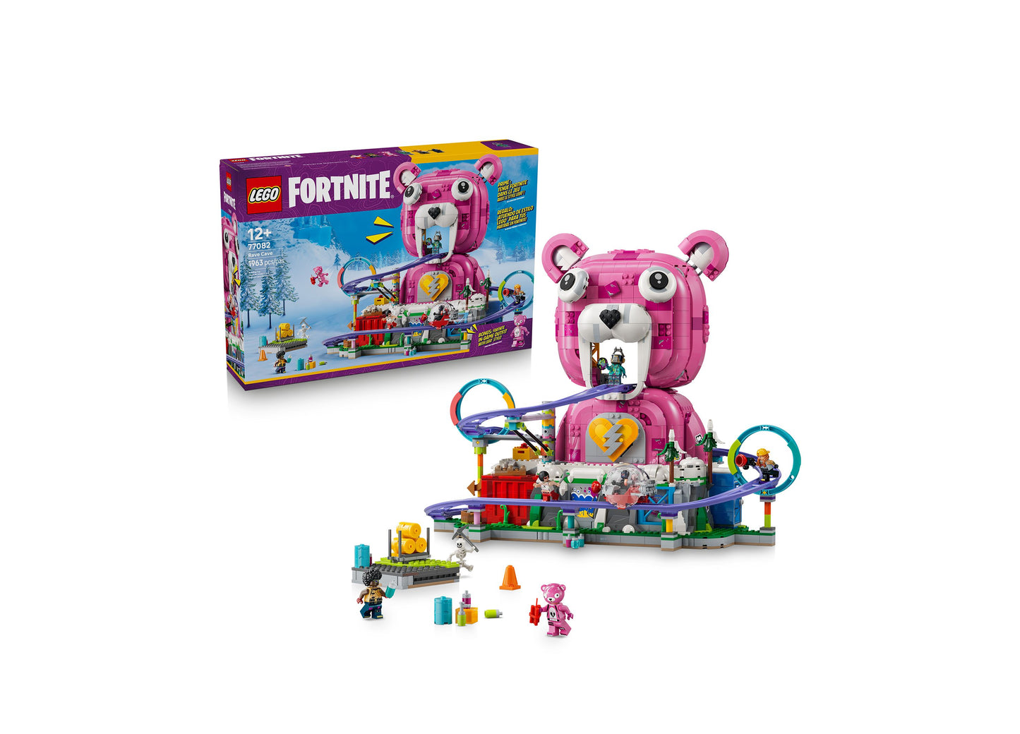 LEGO Fortnite Rave Cave 77082 pink bear-shaped playset with minifigures and accessories