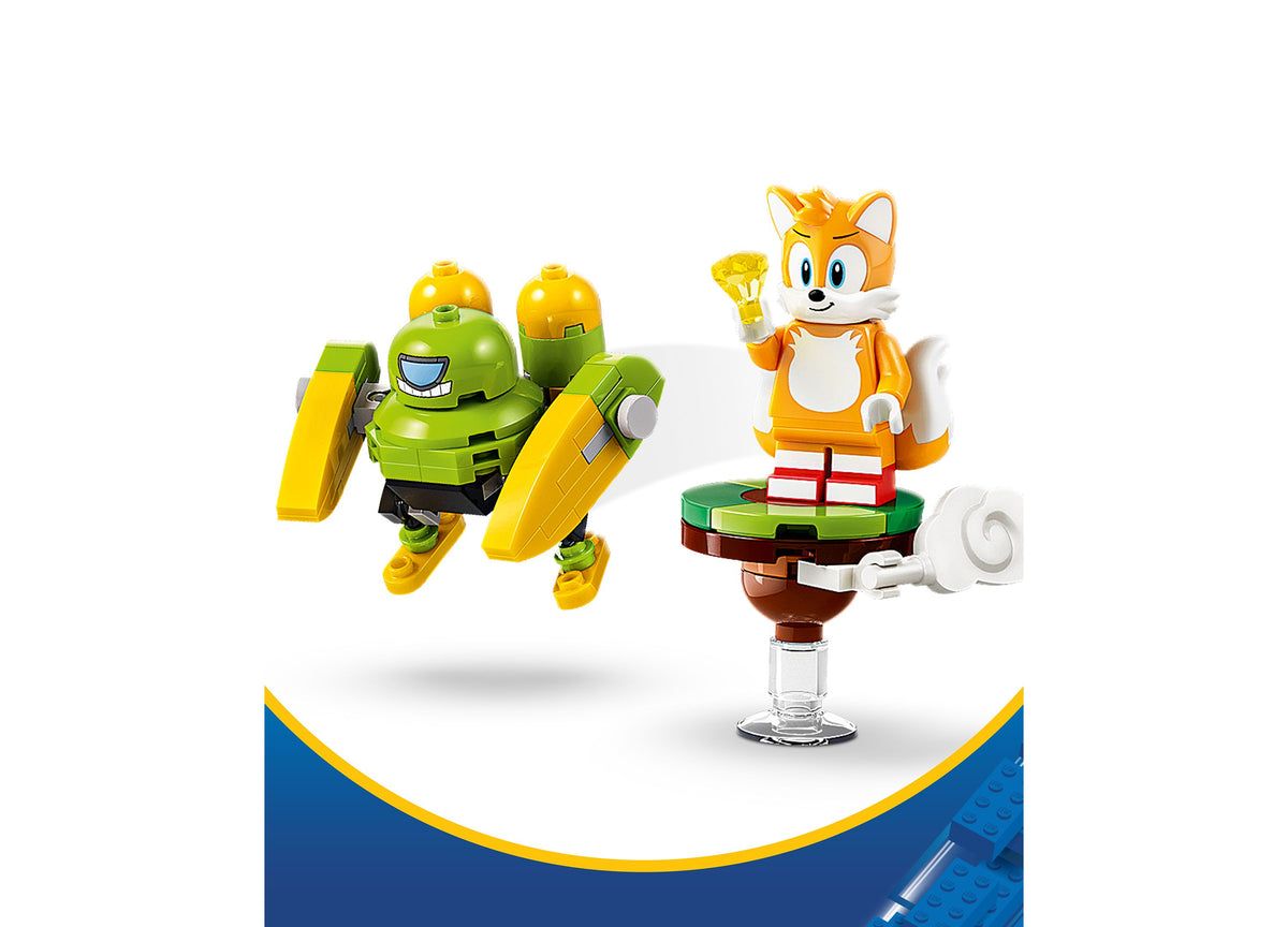 LEGO Sonic the Hedgehog Tails' Tornado-1 building set with orange biplane, Tails minifigure, green Egg Chaser robot, ...