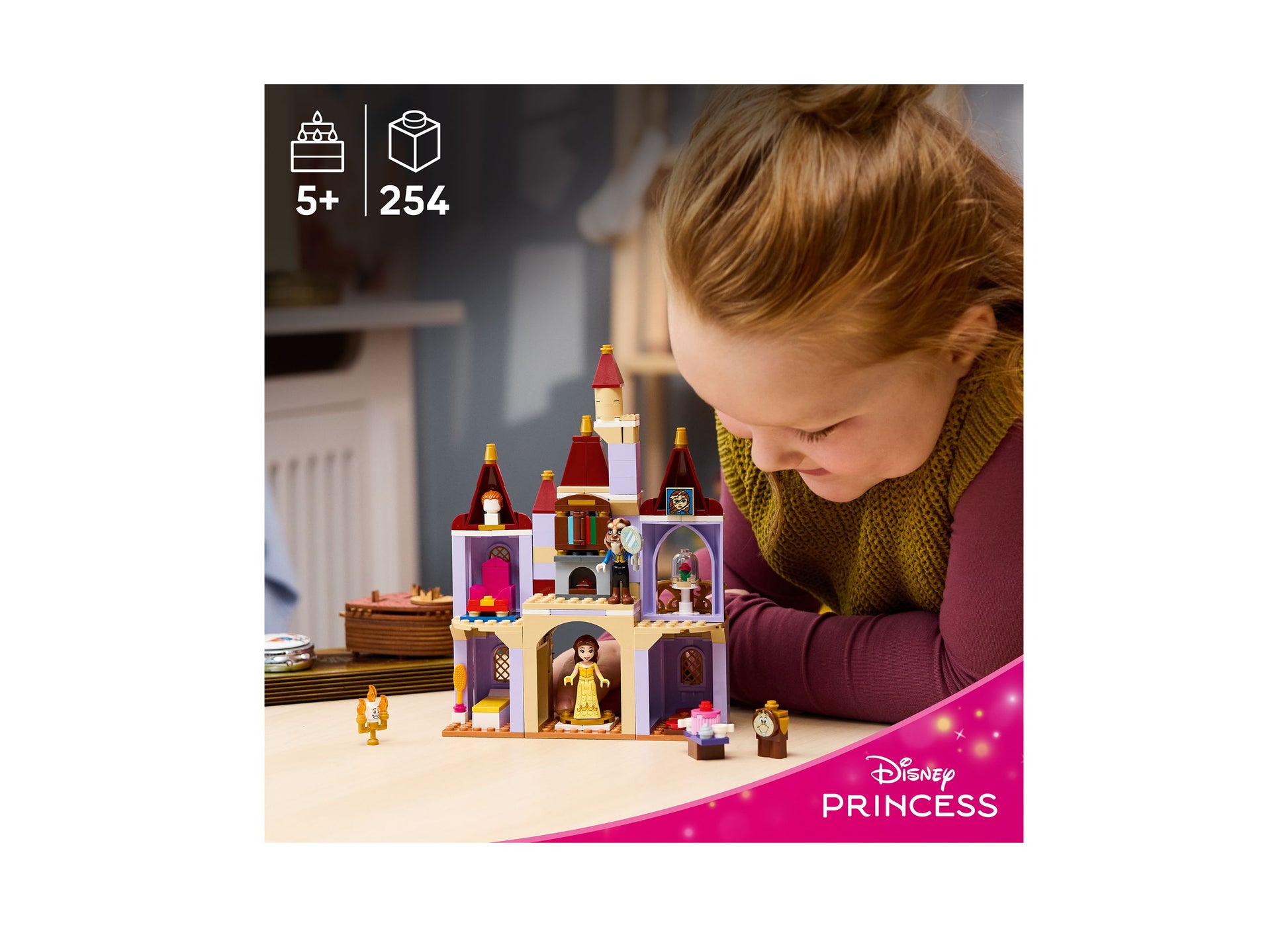 LEGO Disney Princess Belle's Enchanted Castle 43289 building set with 254 pieces for ages 5+, featuring purple castle...