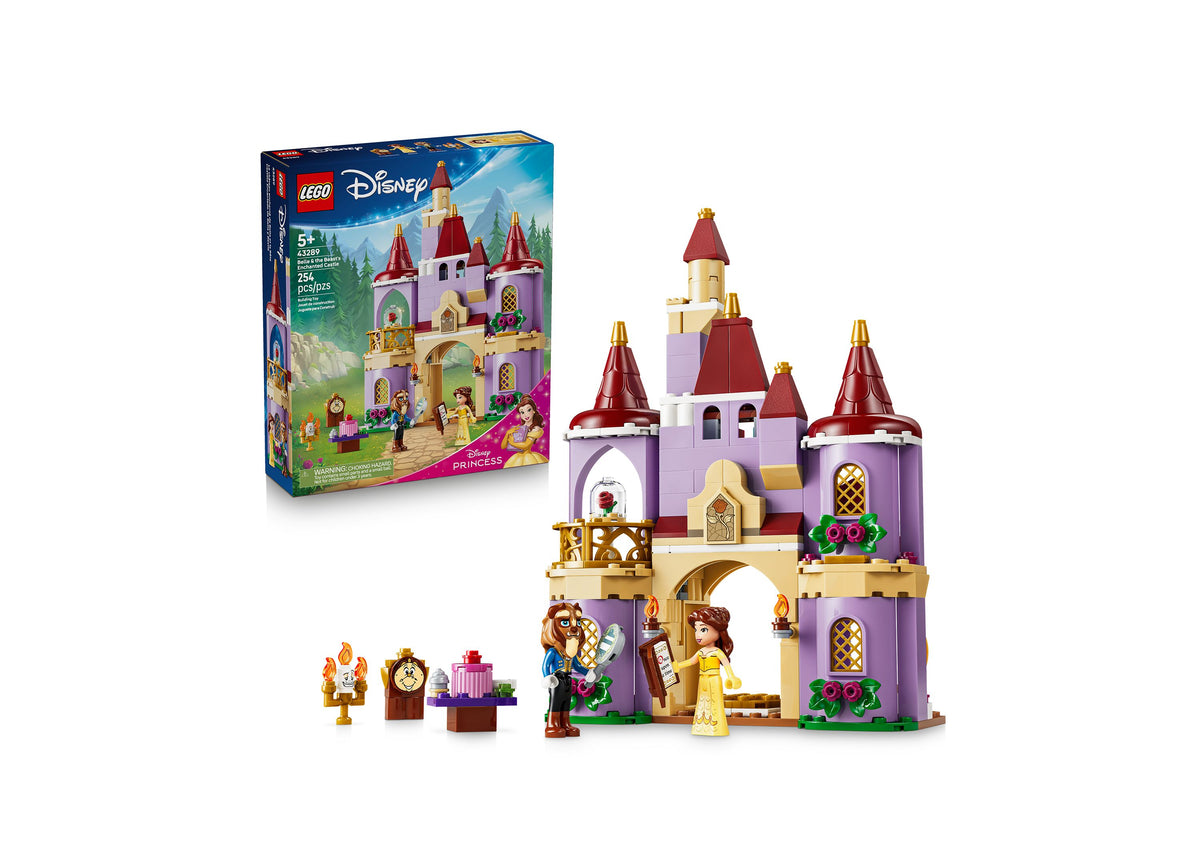 LEGO Disney Princess Belle's Enchanted Castle 43289 building set with purple tower, red roofs, and minifigures