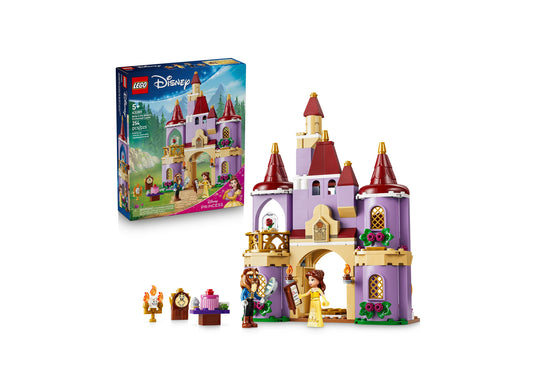 LEGO Disney Princess Belle & The Beast's Enchanted Castle building set with purple castle, red turrets, and four char...
