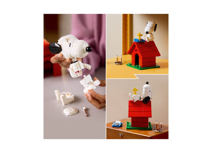 LEGO Peanuts Snoopy's Doghouse 21368 building set with red doghouse, white Snoopy figure, and yellow Woodstock character