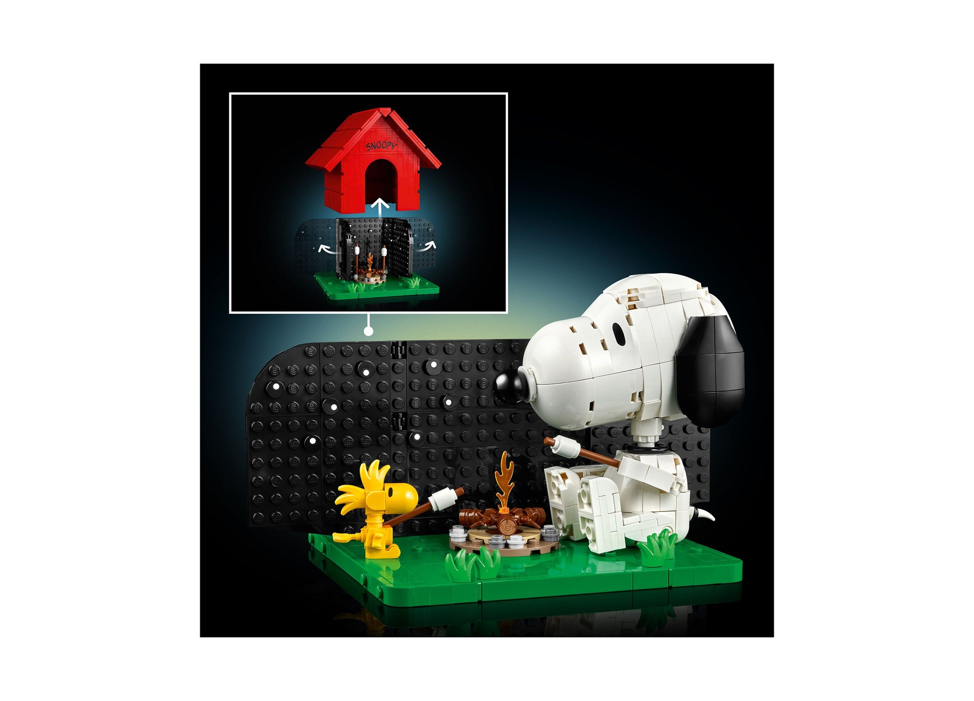 LEGO Peanuts Snoopy's Doghouse 21368 building set with red doghouse, white Snoopy figure, and yellow Woodstock character