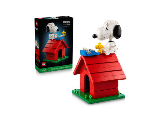 LEGO Peanuts Snoopy's Doghouse 21368 building set with red doghouse, white Snoopy figure, and yellow Woodstock