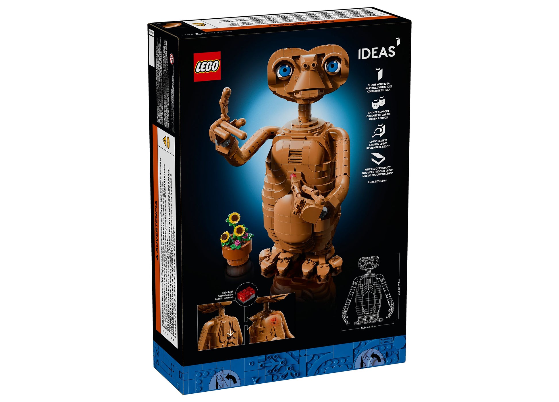 LEGO E.T. the Extra-Terrestrial 21370 building set with brown alien figure, glowing blue eyes, and flower pot accessory