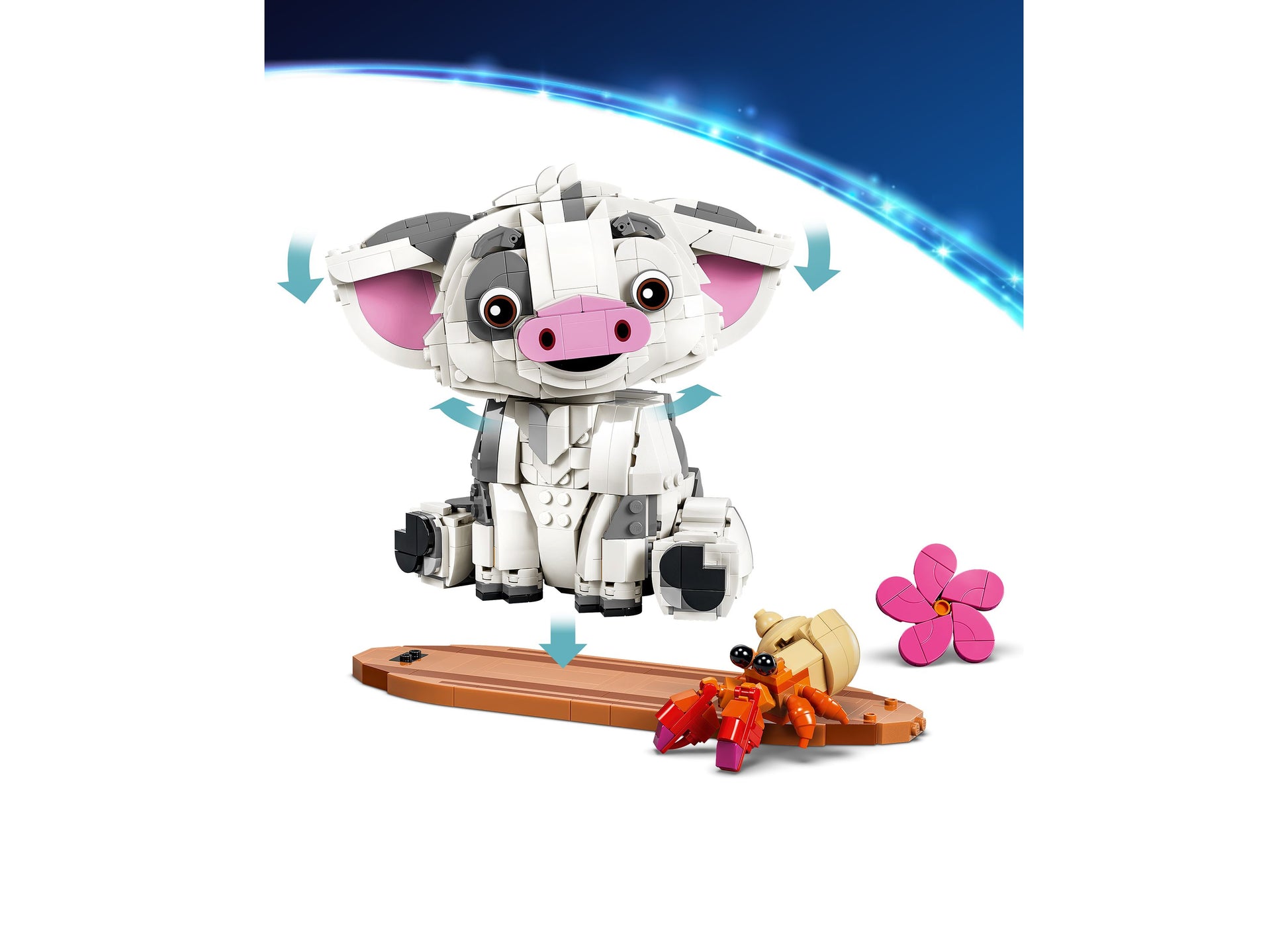 LEGO Disney Moana Pua 43292 buildable pig figure with pink ears and white body, includes crab and flower accessories