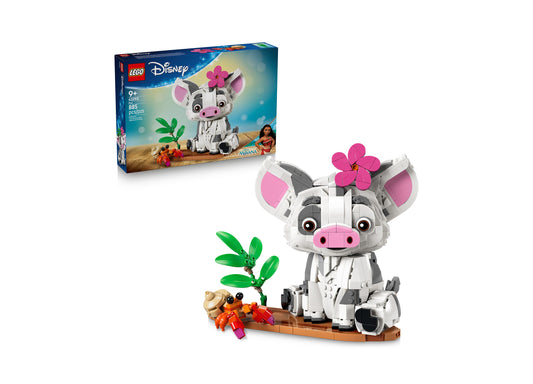 LEGO Disney Moana Pua 885-Piece Building Set featuring white and pink pig character with flower, poseable head and ea...
