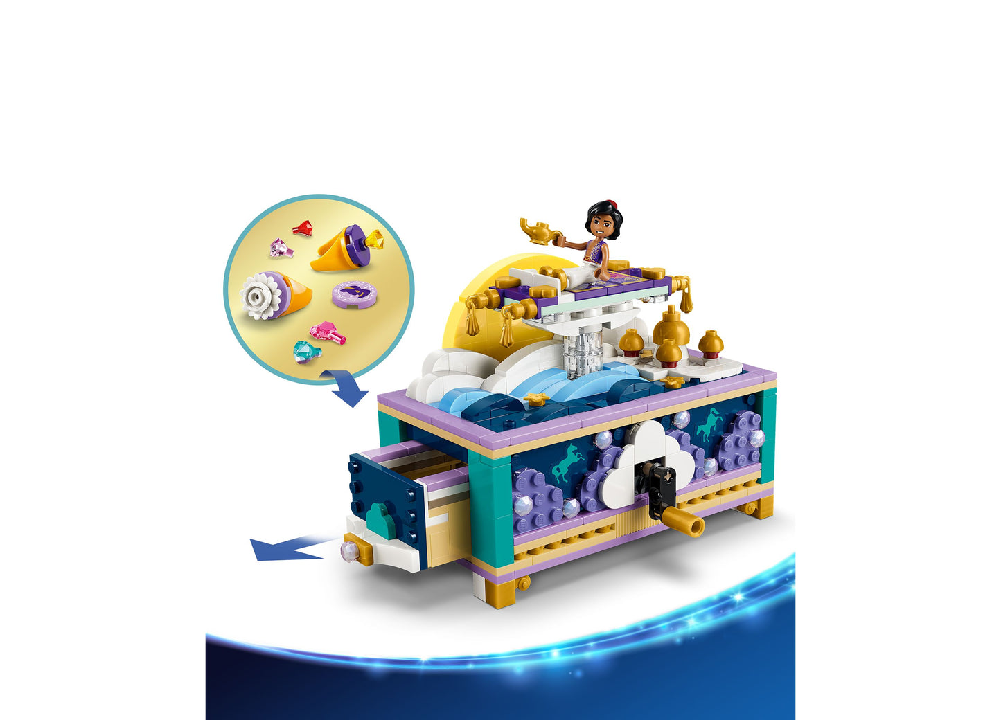 LEGO Disney Princess Jasmine's Jewelry Box 43295 building set with colorful pieces and accessories