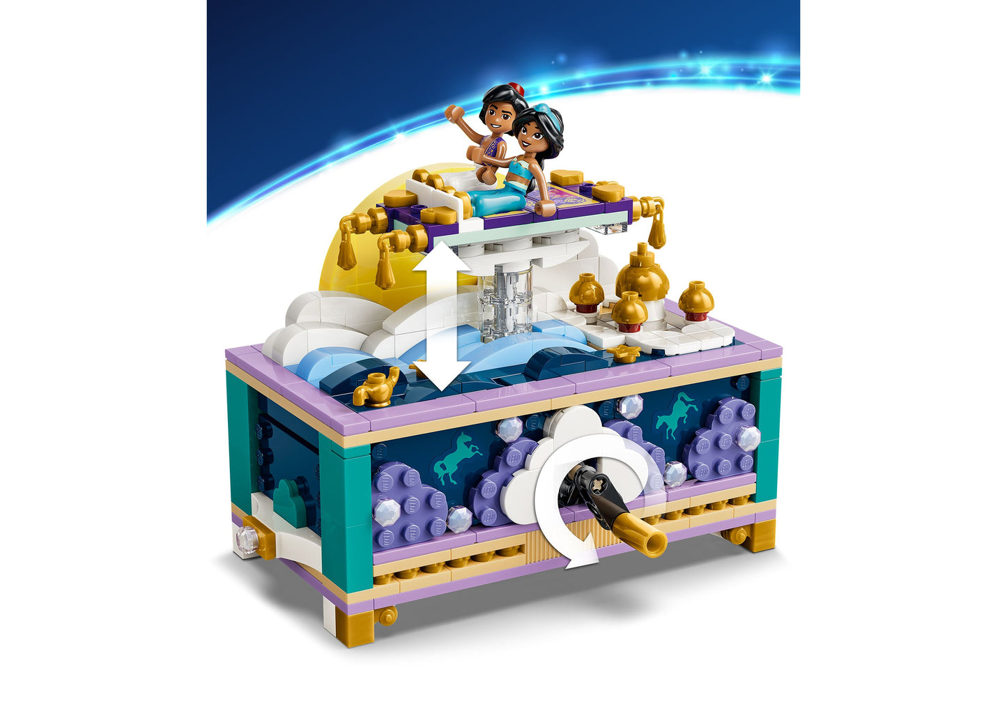 LEGO Disney Princess Jasmine's Jewelry Box 43295 with two minifigures, gold accents, and purple-teal color scheme