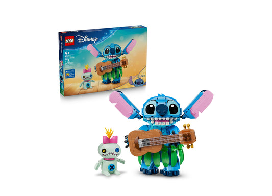 LEGO Disney Stitch & Scrump 713-piece set with blue posable Stitch figure holding ukulele, pink ears, grass skirt, an...