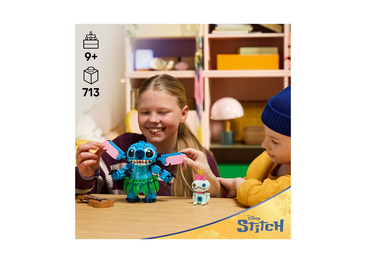 LEGO Disney Posable Stitch Scrump 43296 building set with blue Stitch figure and small Scrump doll