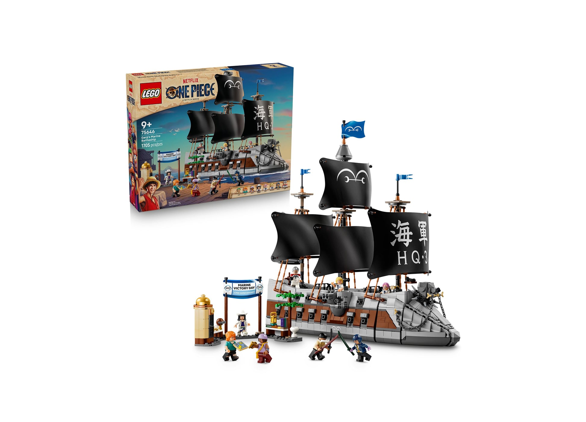 LEGO One Piece Garp's Marine Battleship 75646 building set with black sails, minifigures, and 1,705 pieces