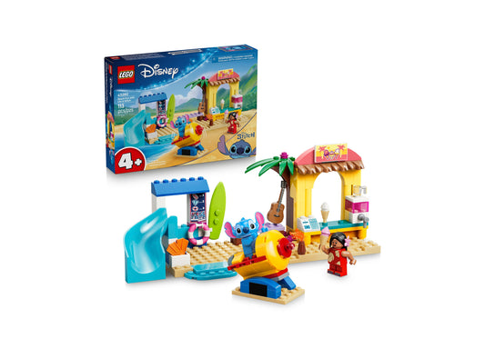 LEGO Disney Beach Fun with Lilo & Stitch 113-piece building set featuring colorful beach structures, Stitch character...
