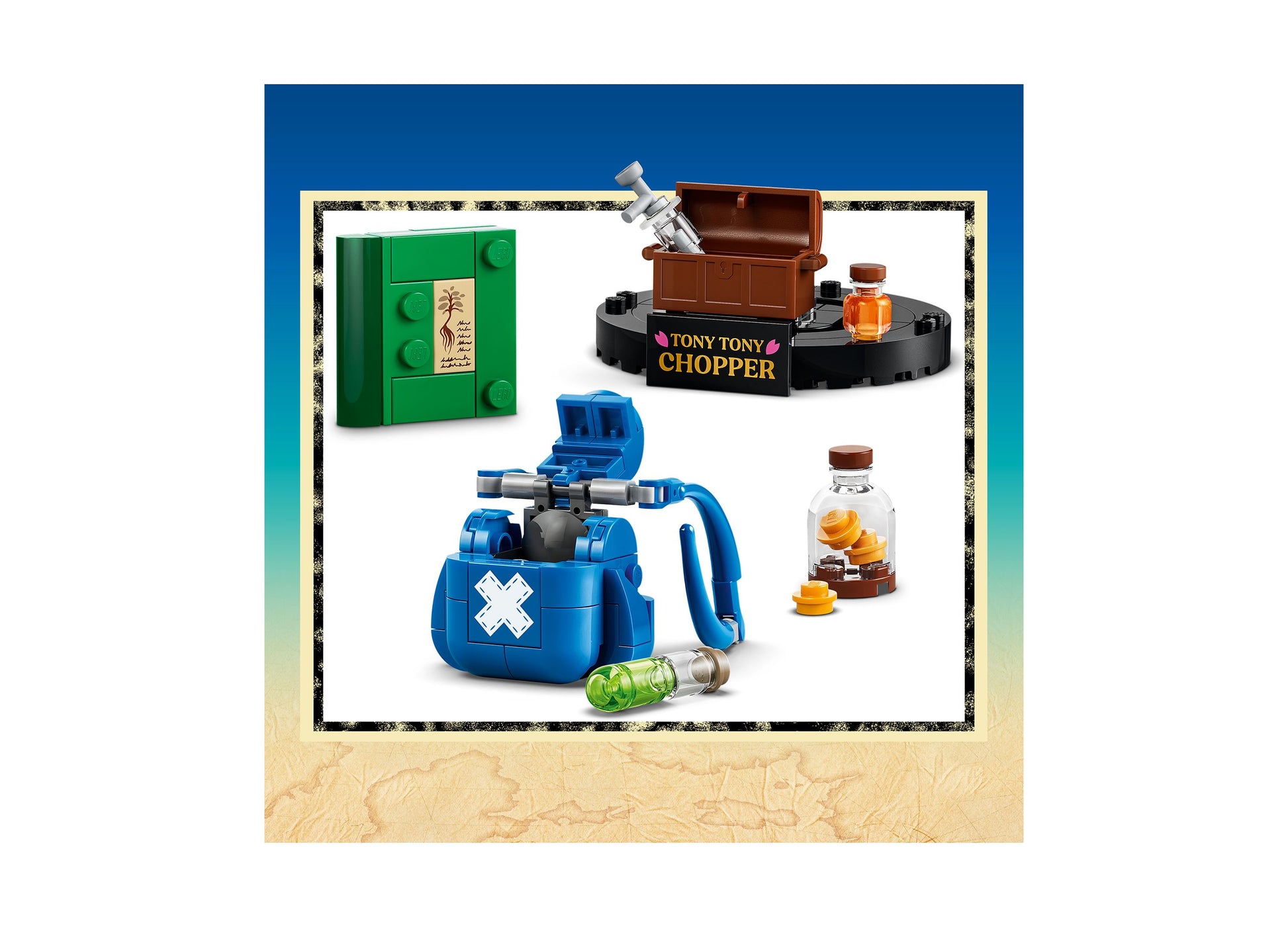 LEGO ONE PIECE Tony Tony Chopper 75643 building set with blue medical backpack, brown treasure chest, and green stora...