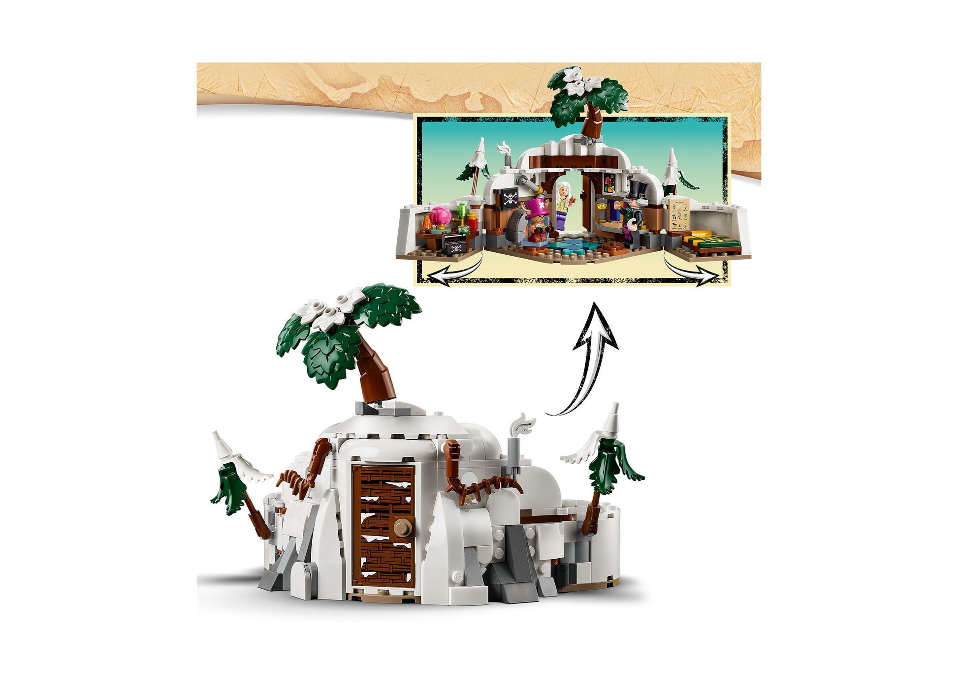 LEGO ONE PIECE Dr. Hiriluk's Hideout 75641 building set with white igloo structure, palm trees, and minifigures