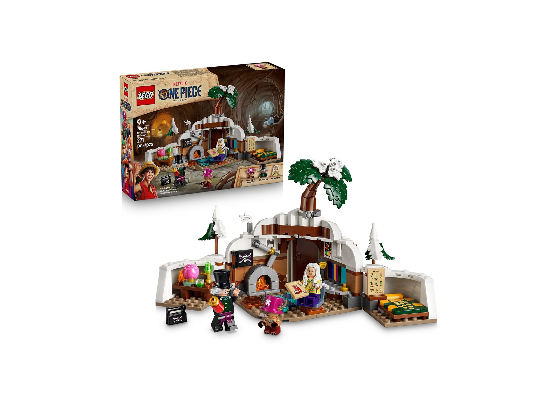 LEGO ONE PIECE Dr. Hiriluk's Hideout 75641 building set with brown cabin, palm tree, and minifigures