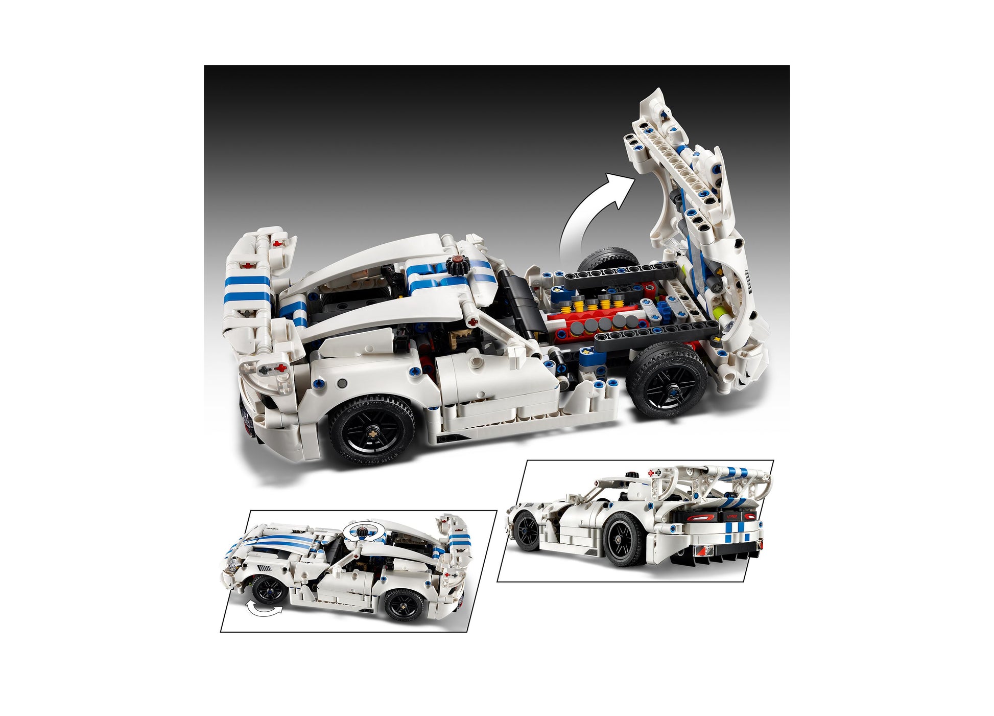 LEGO Technic Dodge Viper GTS-R white sports car building set with blue stripes, shown in multiple views including tra...