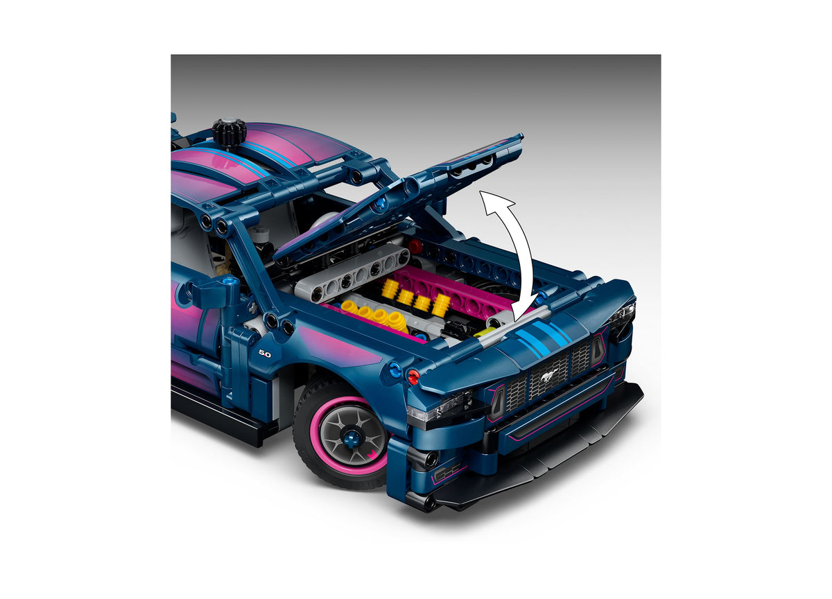 LEGO Ford Mustang GT blue and pink customizable toy car with opening hood and steering mechanics