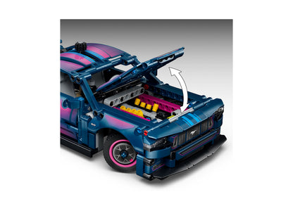 LEGO Ford Mustang GT blue and pink customizable toy car with opening hood and steering mechanics