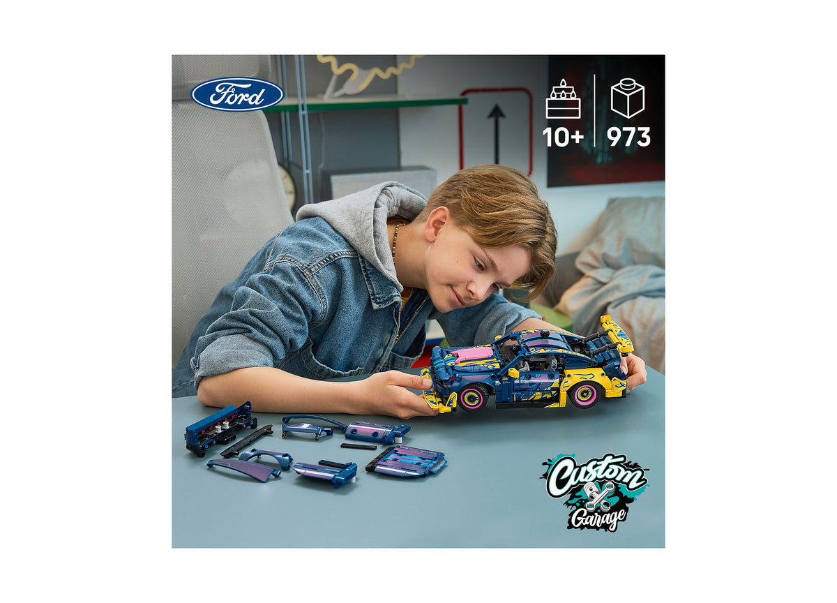 Child building LEGO Ford Mustang GT Custom Garage set with blue and yellow car model and customizable steering mechanics